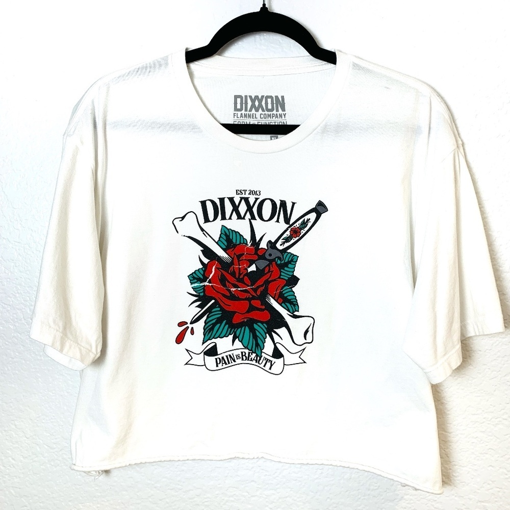 Dixxon Crop Top Womens XL White Cropped Pain is Beauty Rose Biker Made in USA